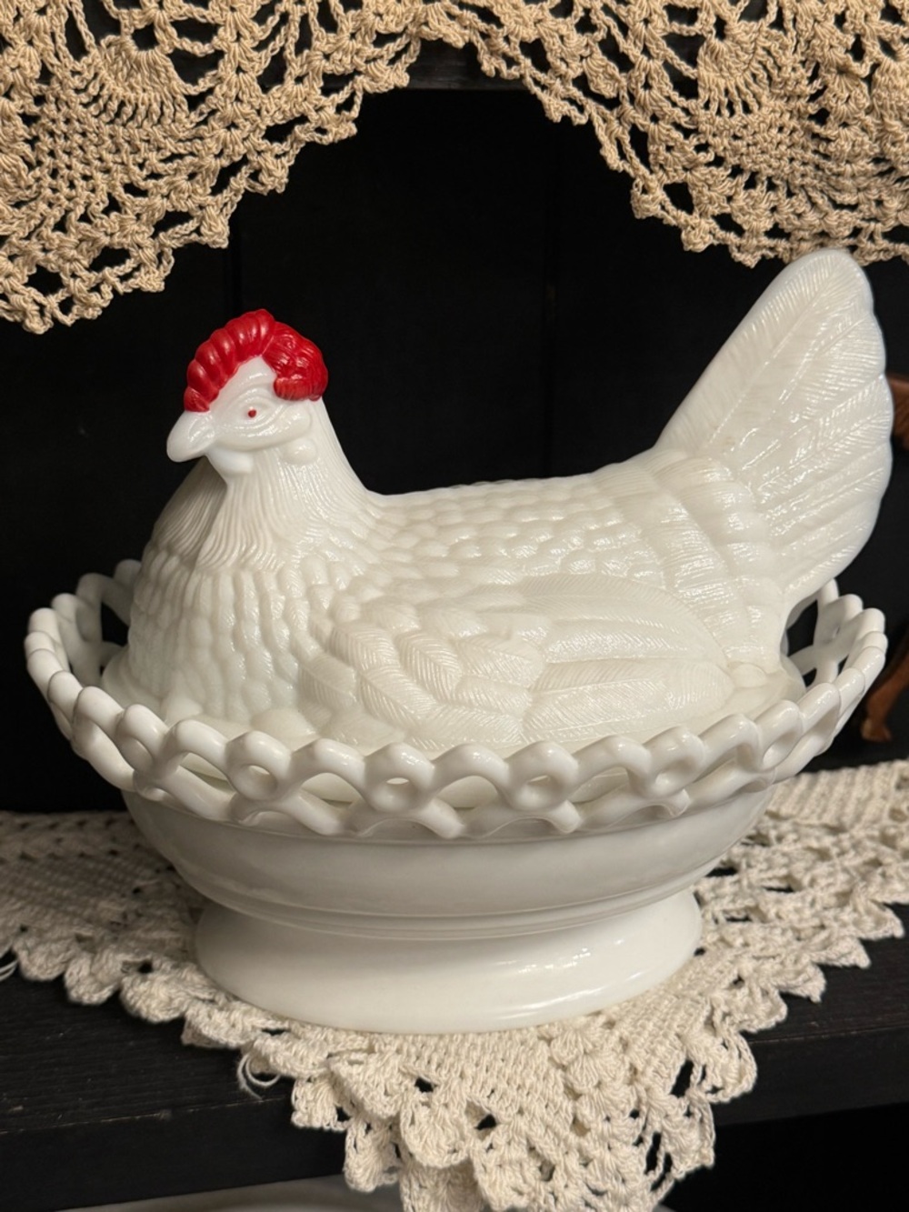 Westmoreland White Milk Glass Hen on Nest Covered Dish with Red Comb